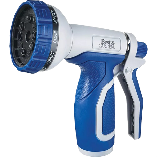 Blue and gray plastic garden hose nozzle with adjustable 10-pattern spray settings for outdoor watering tasks
