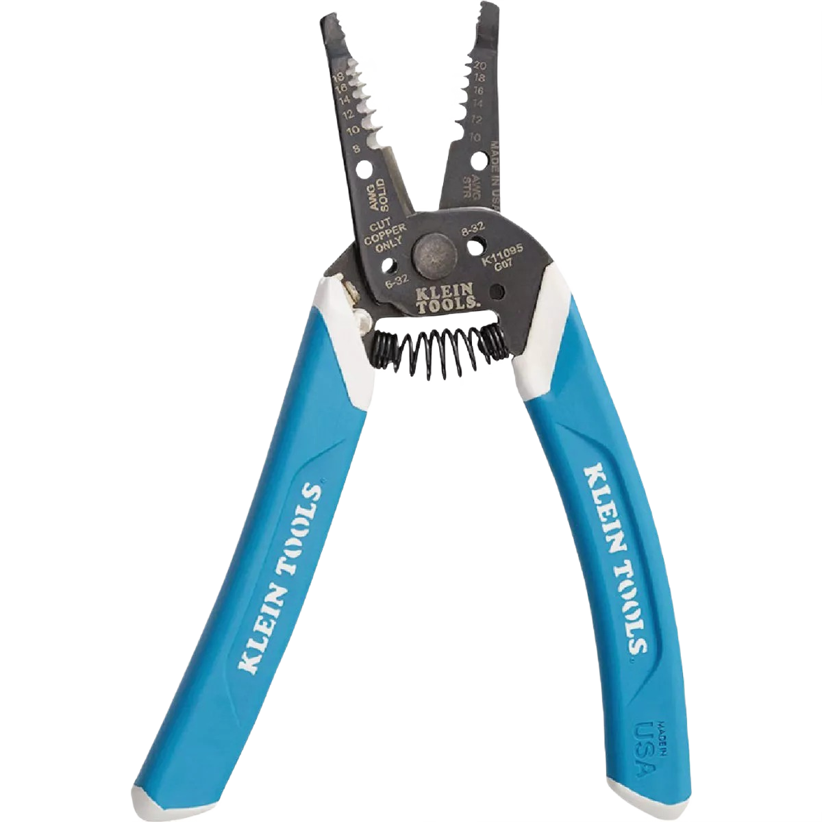 Wire stripper with blue ergonomic handles and precision cutting edges for 8 to 20 AWG solid and stranded wires in home improvement tasks