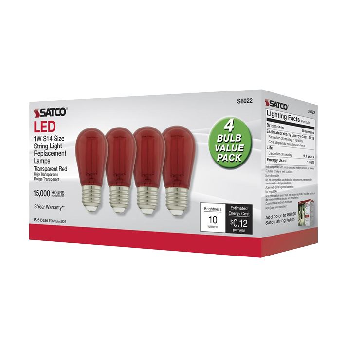Pack of four red transparent glass LED replacement bulbs for outdoor string lights with energy and brightness details on packaging