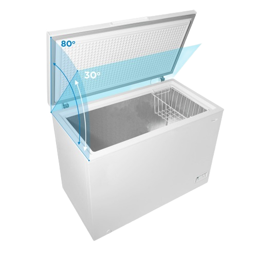 white chest freezer with open lid showing internal basket and temperature control for kitchen appliances