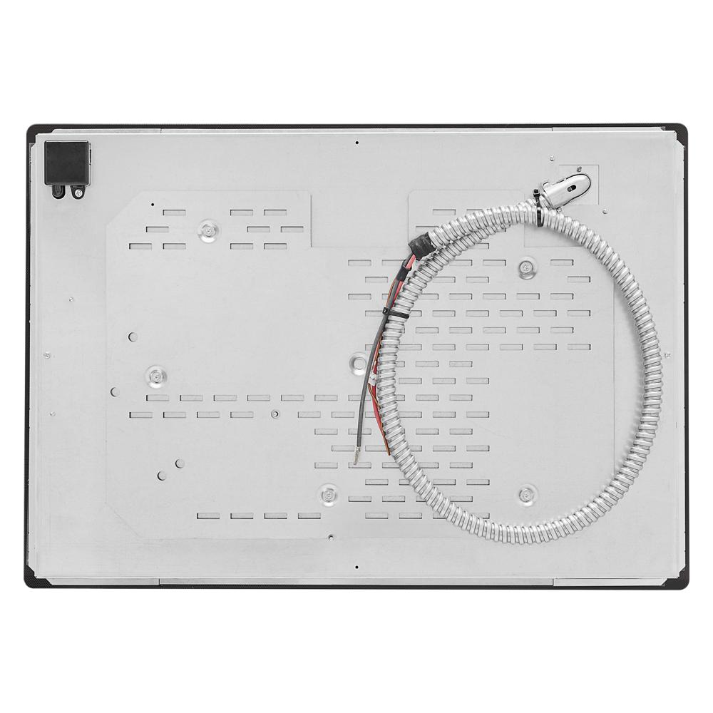 Underside view of 30" electric cooktop showing metal base panel and flexible conduit for electrical connection