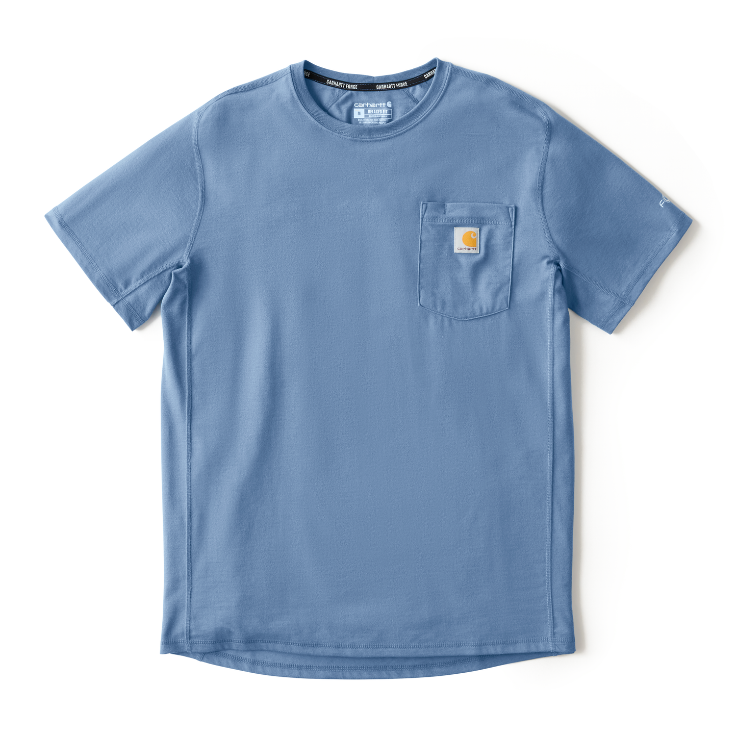 Light blue Carhartt short-sleeve tee featuring a chest pocket with a small square brand logo patch