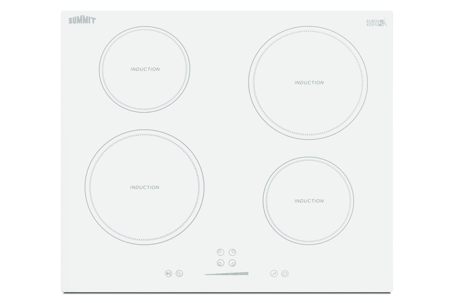 White four-zone induction cooktop with touch controls in energy-efficient kitchen appliances collection