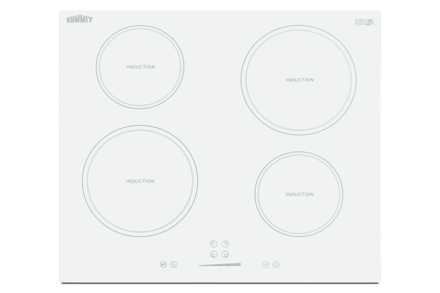White four-zone induction cooktop with touch controls in energy-efficient kitchen appliances collection