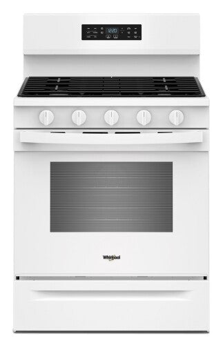 white 30-inch gas range with digital control panel and five burner knobs for kitchen appliances and home improvement