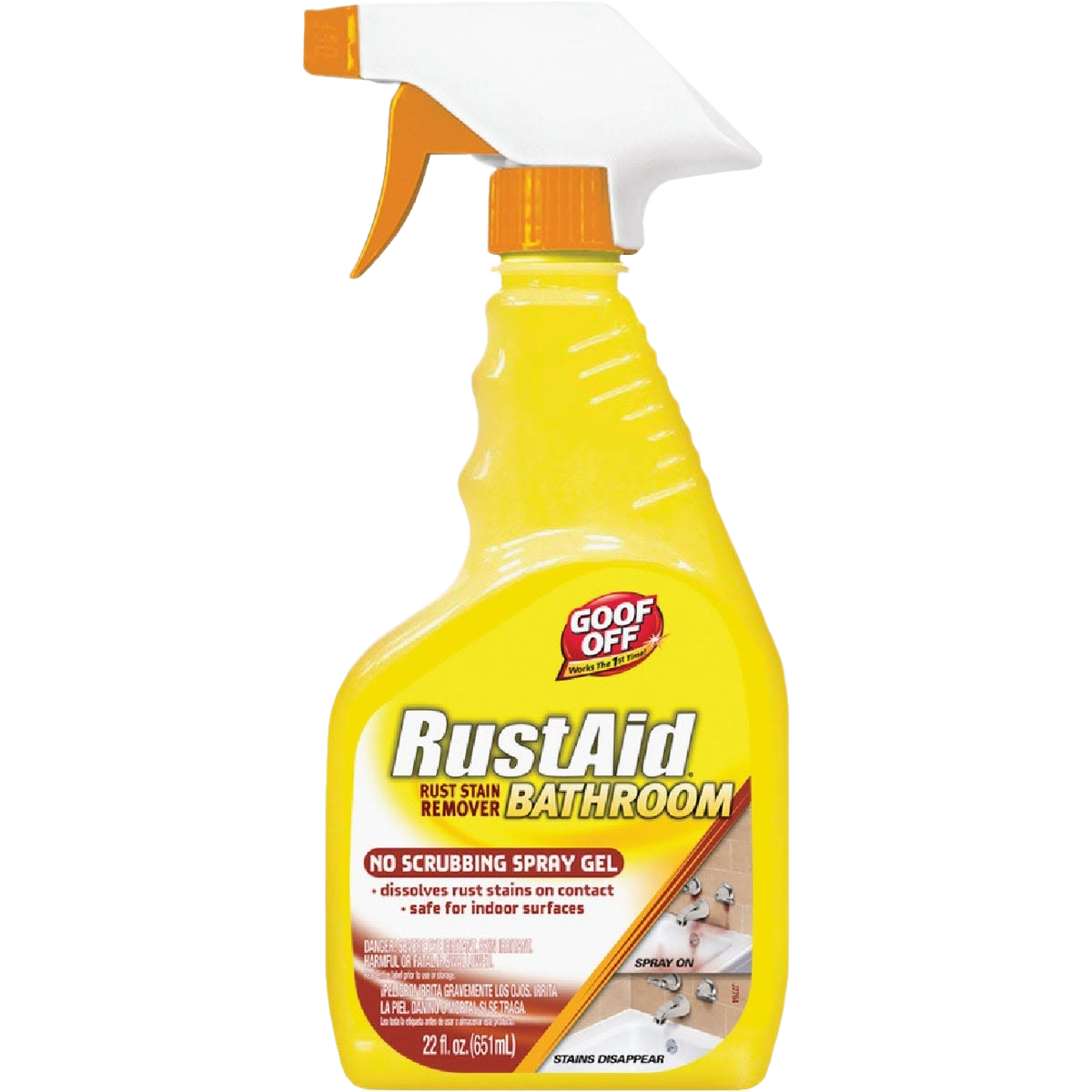 Yellow spray bottle of Goof Off RustAid rust stain remover gel for bathroom cleaning in Cleaning Supplies collection
