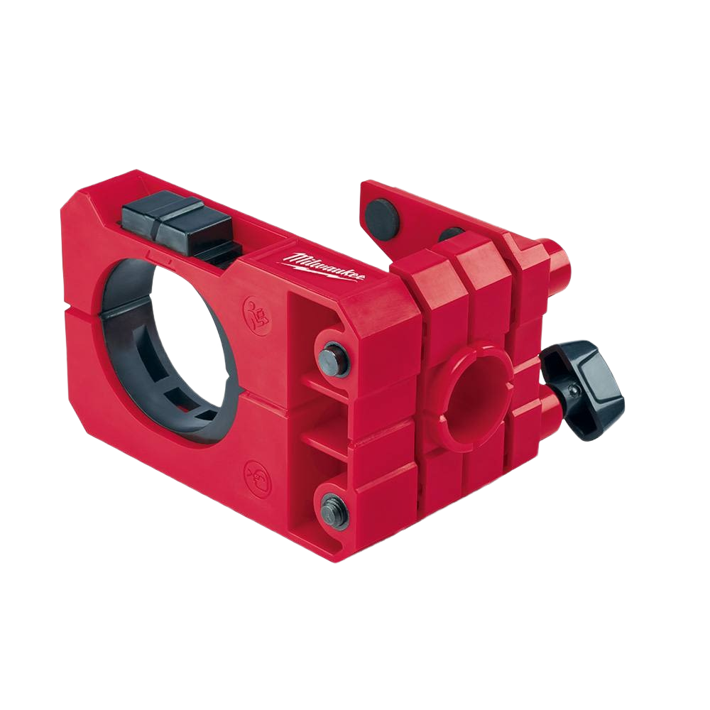 Red plastic hole saw guide attachment with adjustable clamp for door lock installation in power tool accessories collections