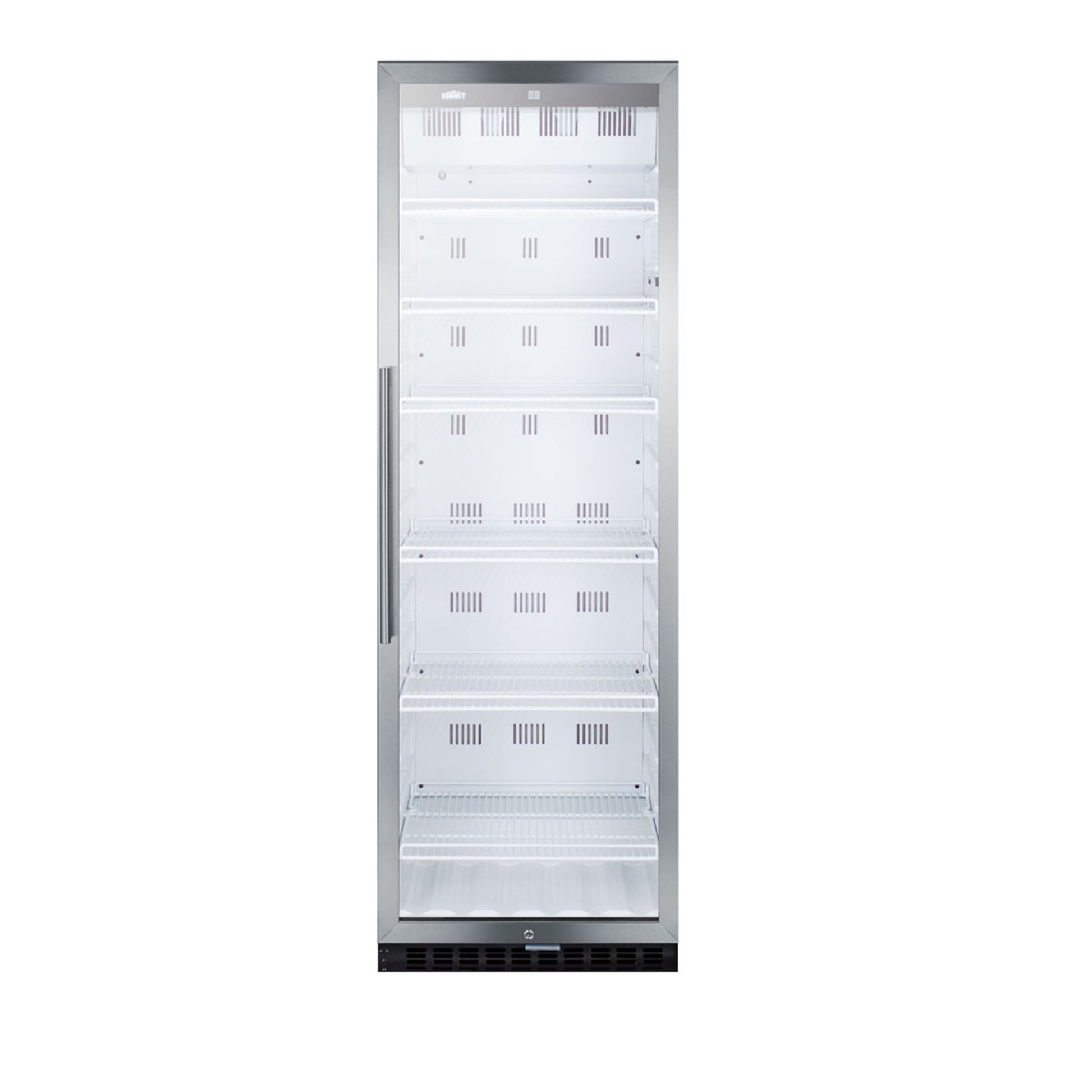 Tall beverage cooler with glass door and metal frame featuring multiple adjustable wire shelves in appliances collection