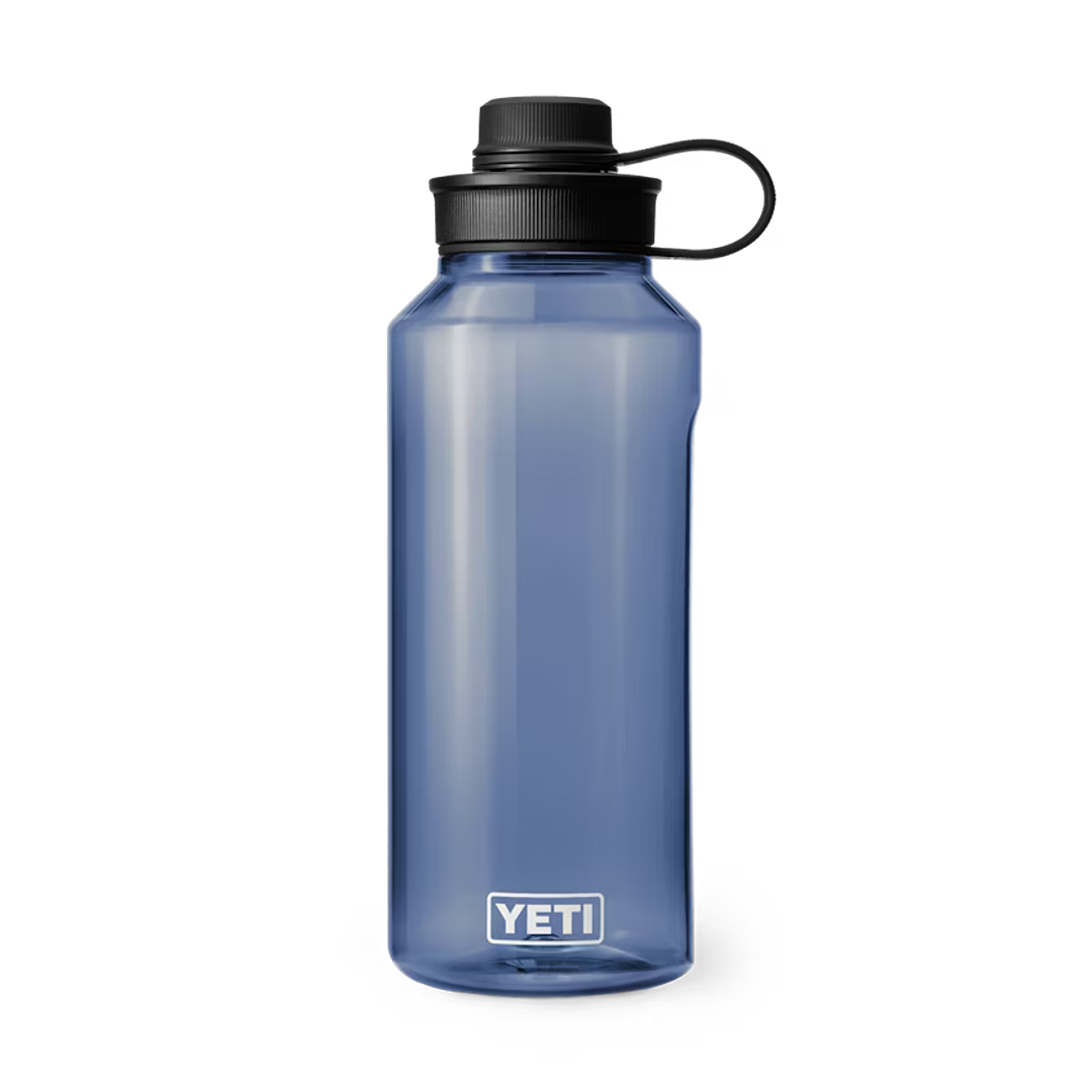 Translucent blue 50 oz. water bottle with black tether cap, durable drinkware for kitchen and outdoor use collections