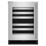 24-inch undercounter wine refrigerator with metal-front racks, stainless steel frame, and tinted glass door at Hartville Hardware