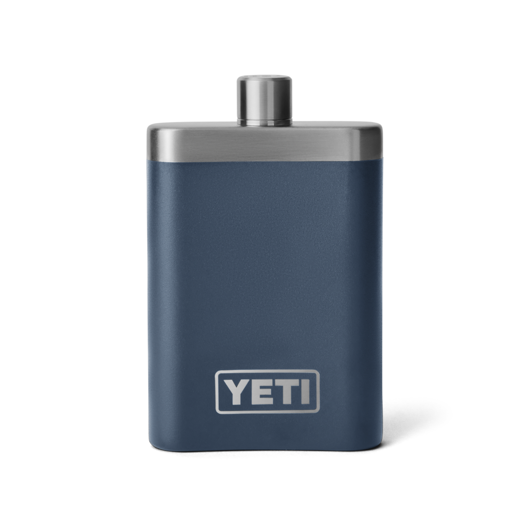 Blue matte metal flask with silver cap and YETI logo, part of Drinkware and Kitchen & Kitchenware collections under $100