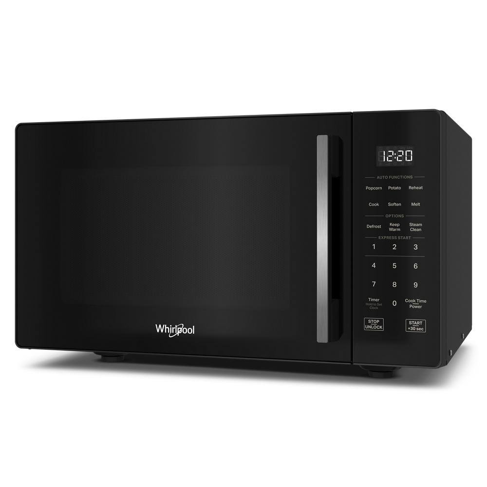 Black Whirlpool countertop microwave with steam clean, digital touch controls, and white LED display from kitchen appliances collection