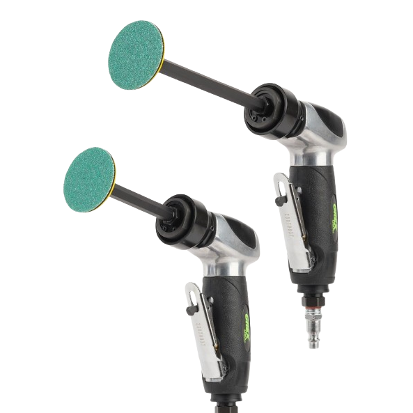 Two angled air-powered sanders with green sanding discs and black grips for tools and home improvement use