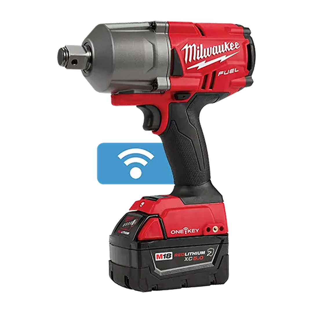 Red and black cordless high torque impact wrench with lithium-ion battery for tools and home improvement tasks