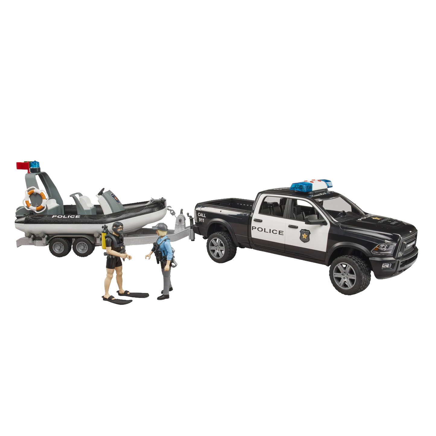 Black and white police pickup toy with trailer, inflatable boat, and two officer figures from Bruder Toys collection