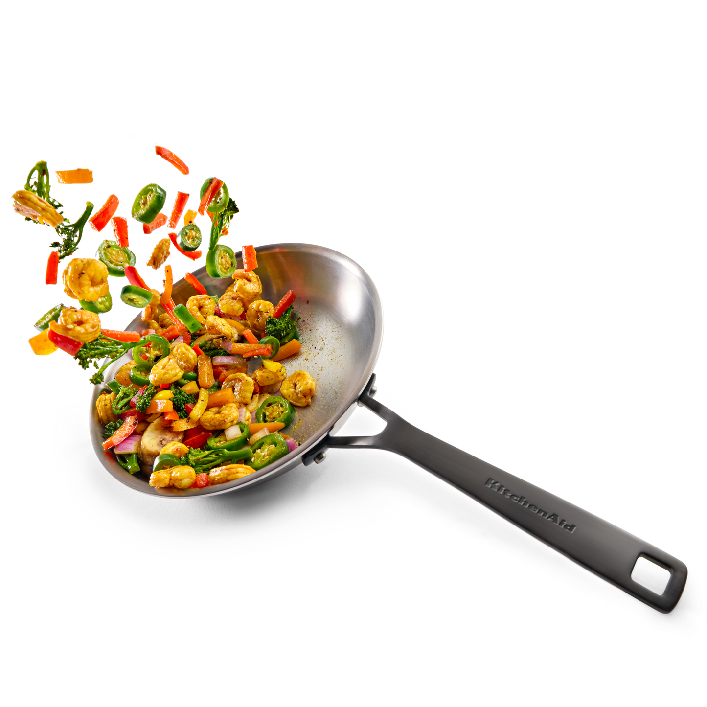 Stainless steel wok with shrimp and vegetables tossed mid-air, highlighting kitchenware for home improvement tools.