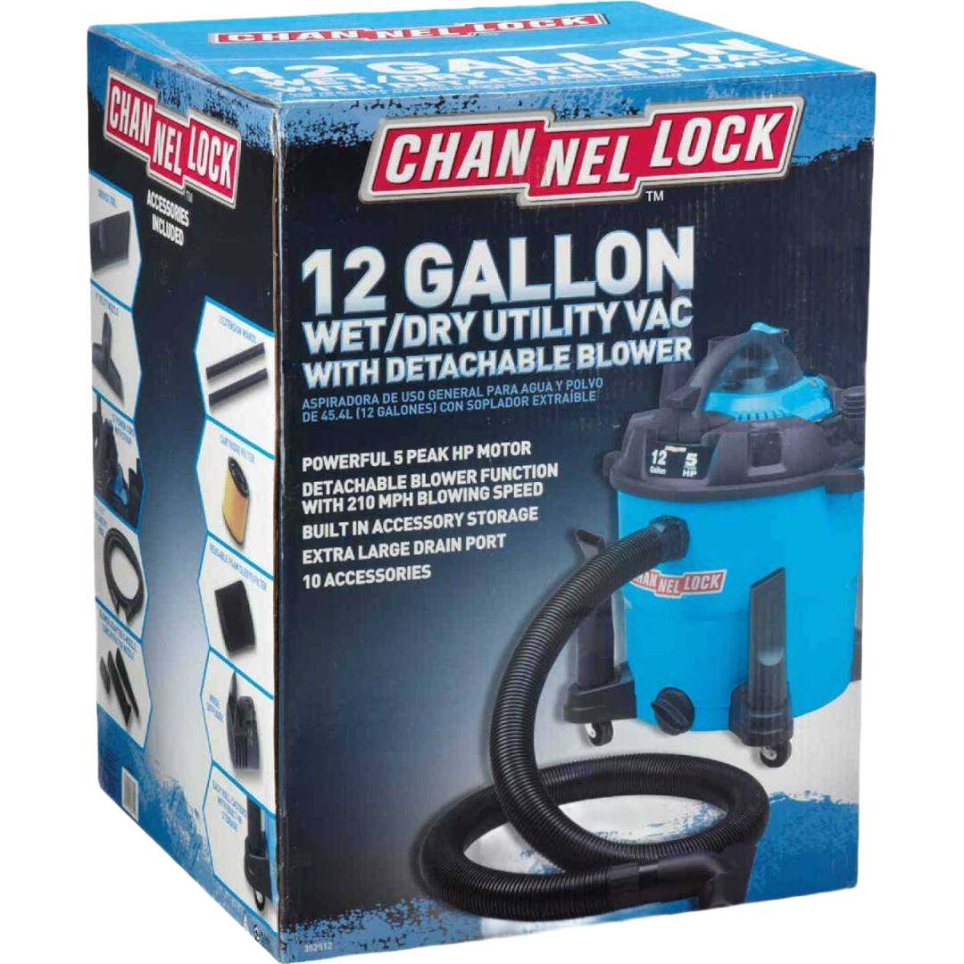 Blue 12-gallon wet and dry vacuum with detachable blower, 5 peak horsepower motor, and hose for home improvement tasks