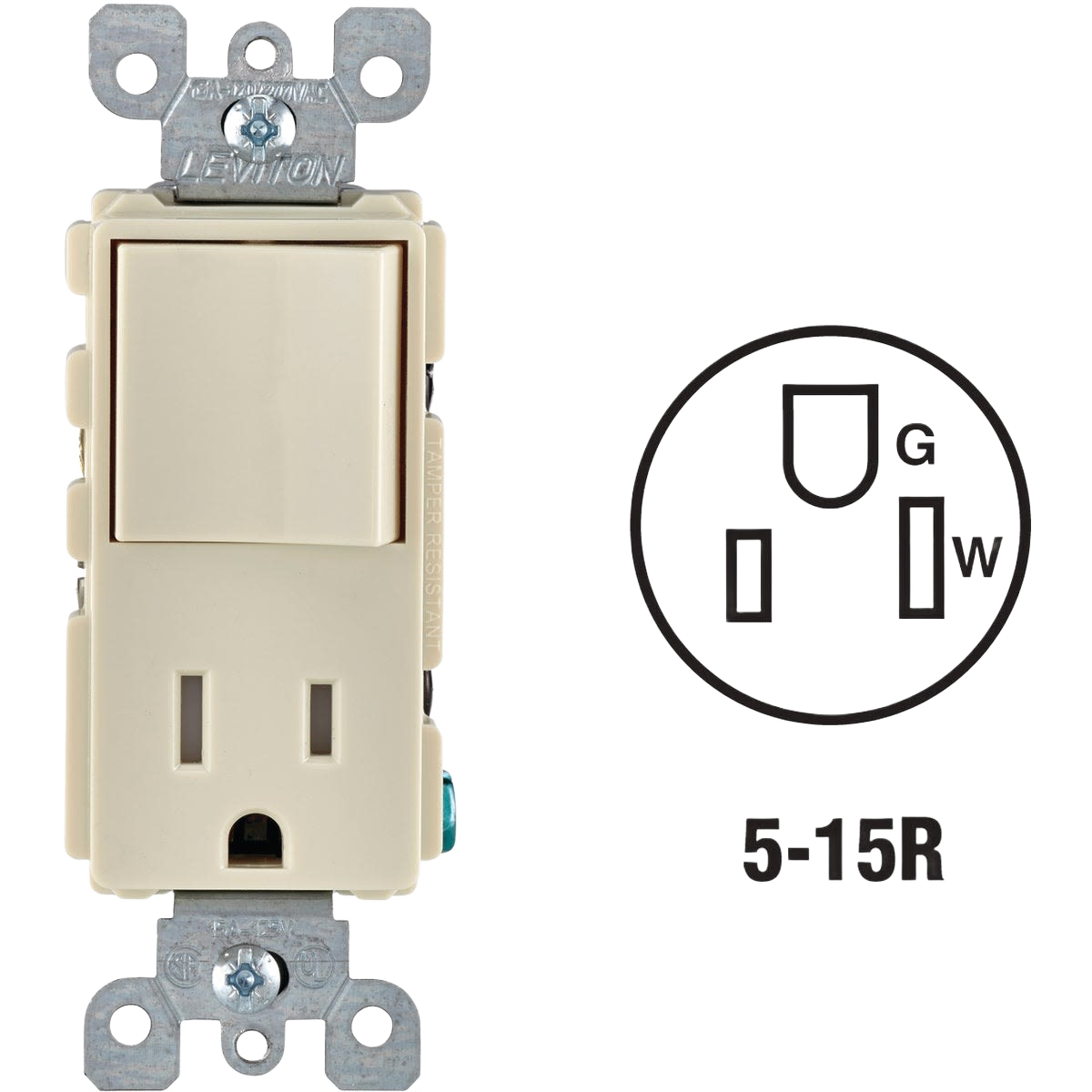 Almond-colored combination switch and tamper-resistant outlet for electrical boxes and home improvement tasks