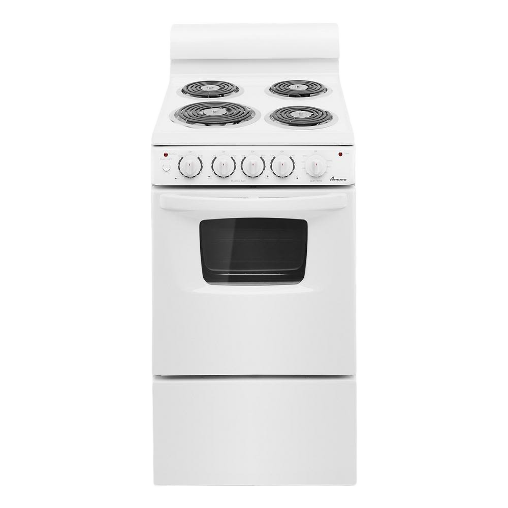 Compact white 20-inch electric range with four coil burners, control knobs, and a front window oven, part of Ranges, Electric Ranges, Kitchen & Kitchenware, Appliances, and Ranges & Cooktops collections.