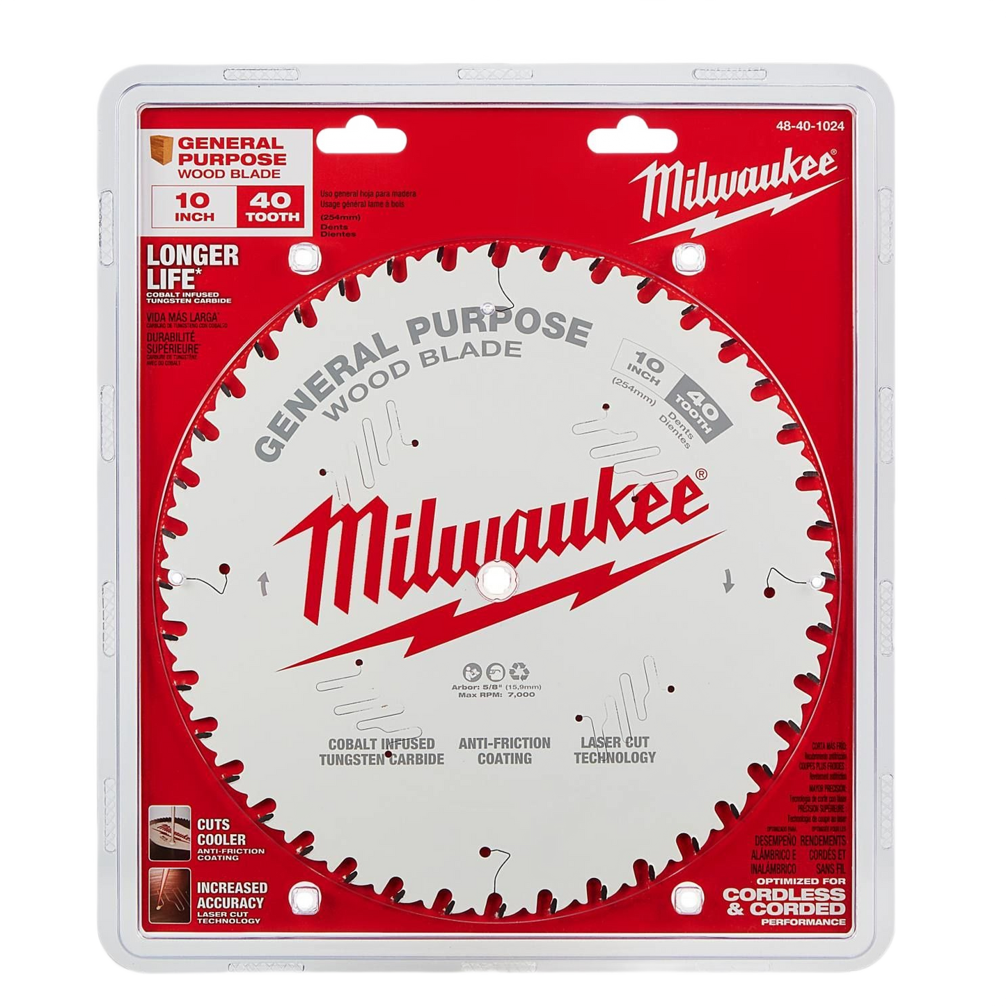 Milwaukee 10-inch 24-tooth wood cutting blade with anti-friction coating for enhanced cutting in woodworking tool accessories