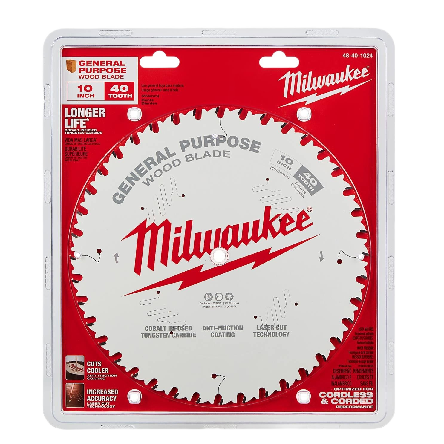 Milwaukee 10-inch 24-tooth wood cutting blade with anti-friction coating for enhanced cutting in woodworking tool accessories