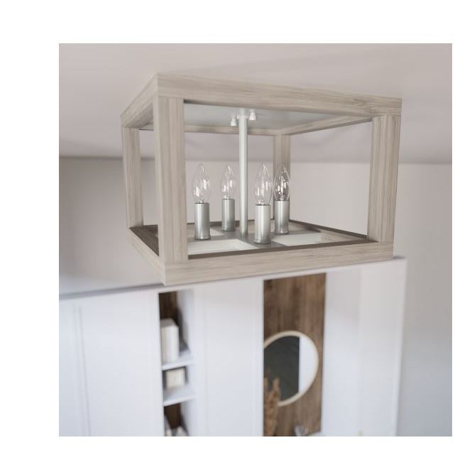 Modern brushed nickel 4-light flush mount fixture with open rectangular frame for stylish bathroom lighting