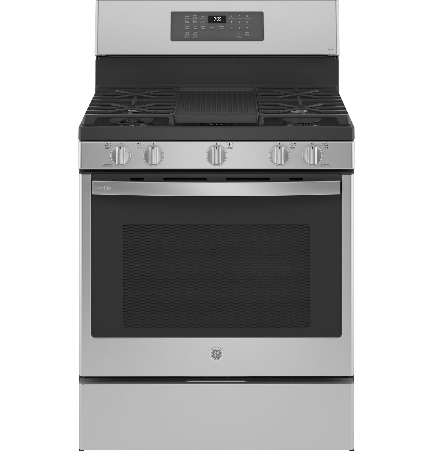 30-inch fingerprint resistant stainless steel gas range with five burners and digital control panel for kitchen appliances collection