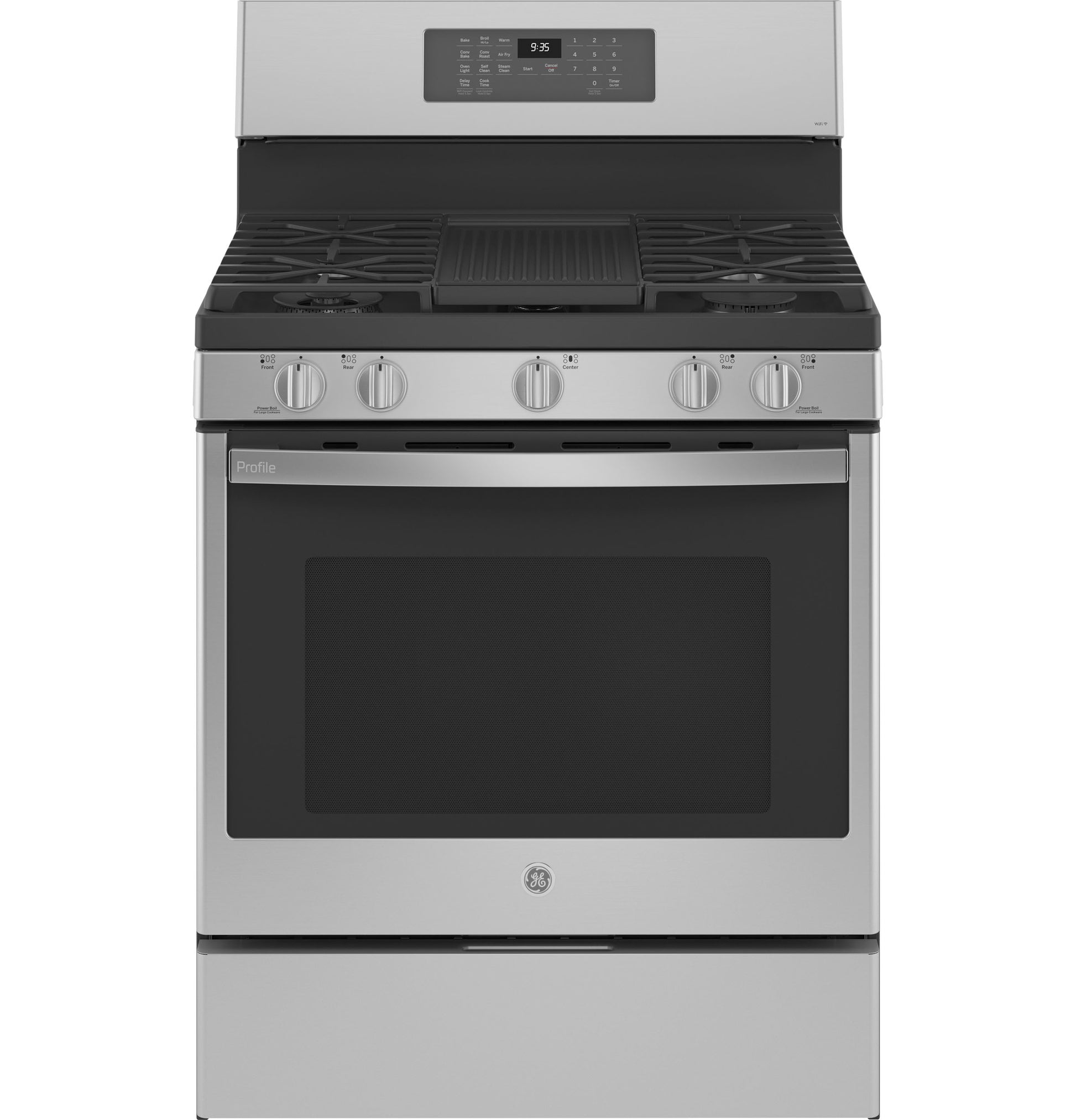 30-inch fingerprint resistant stainless steel gas range with five burners and digital control panel for kitchen appliances collection