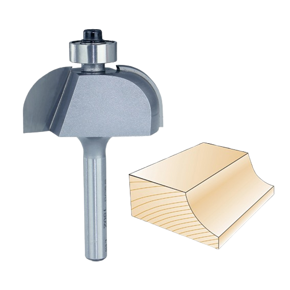 Router bit with bearing for cove edge cuts shown alongside wood sample in tool accessories and home improvement collections