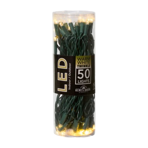 Set of 50 warm white twinkle LED Christmas lights with green wiring for indoor and outdoor holiday decoration