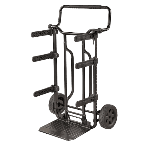 Black rolling carrier frame with reinforced handle and grip mounts for transporting heavy tool storage cases on job sites