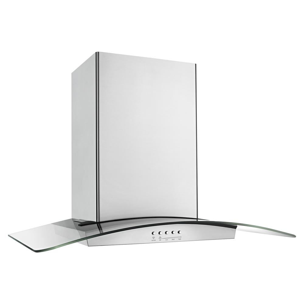 Modern stainless steel wall mount range hood with curved glass canopy and push button controls in kitchen appliances collection