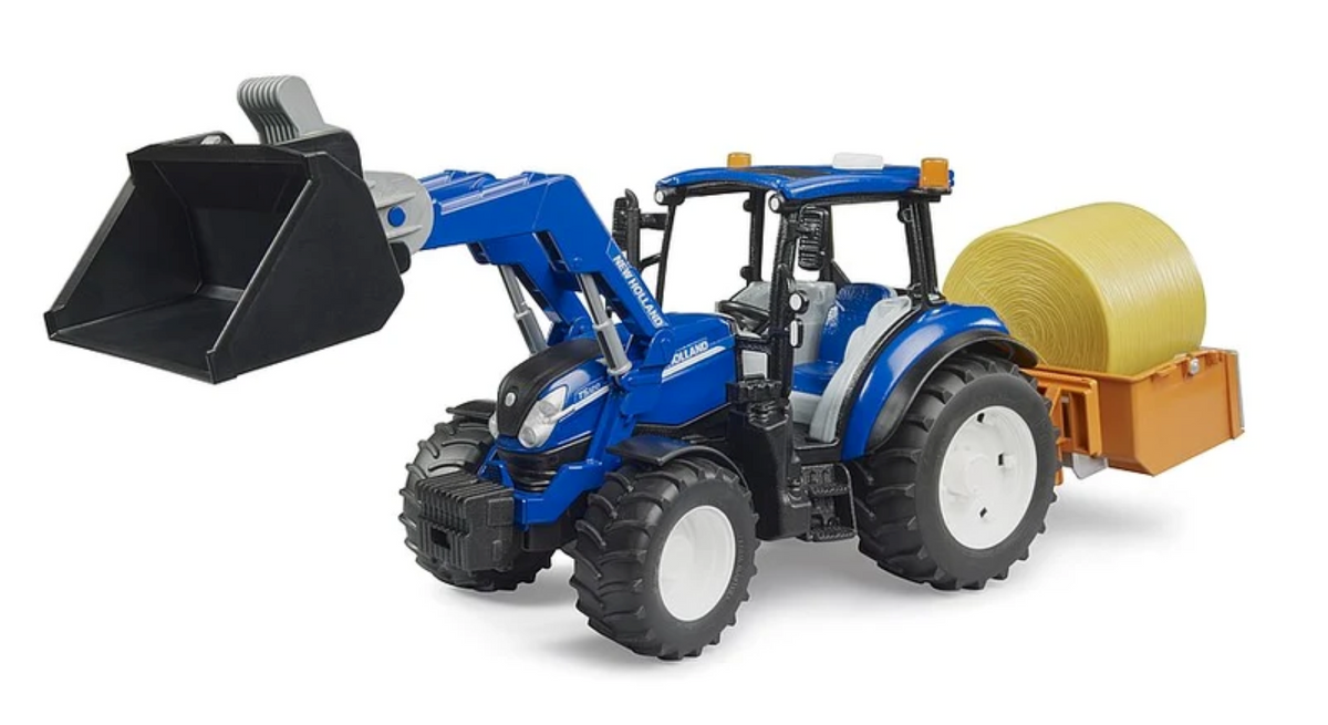 Bruder 09861 New Holland T5.120 with Front Loader, Load Box, Forks and Round Bale