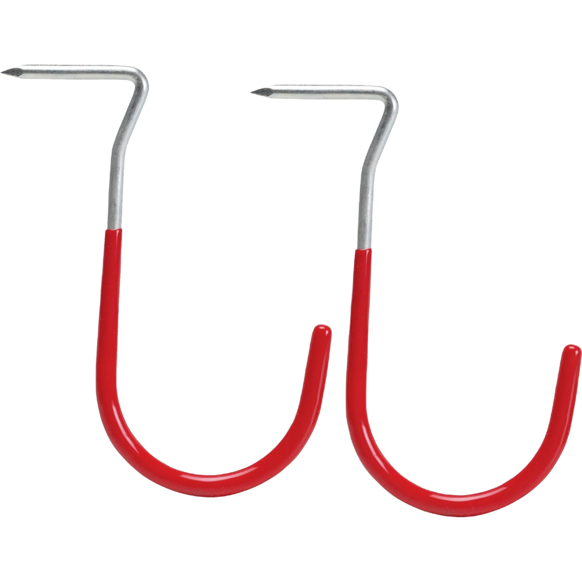 Pair of large metal hooks with red vinyl coating designed for durable storage and organization in hardware collections