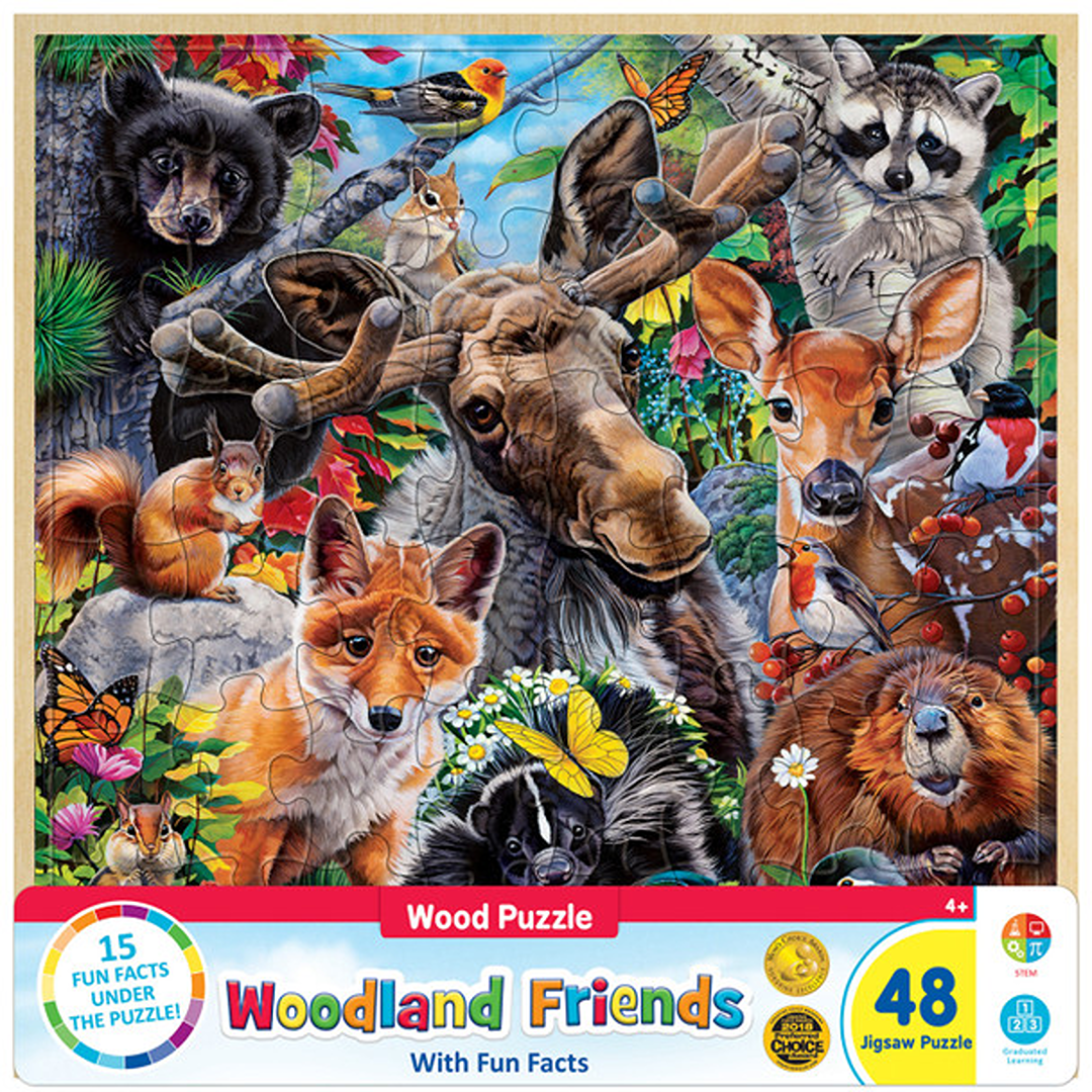 Colorful 48-piece woodland animal puzzle featuring fox, moose, raccoon, and educational facts in toys and puzzles under $50 collections