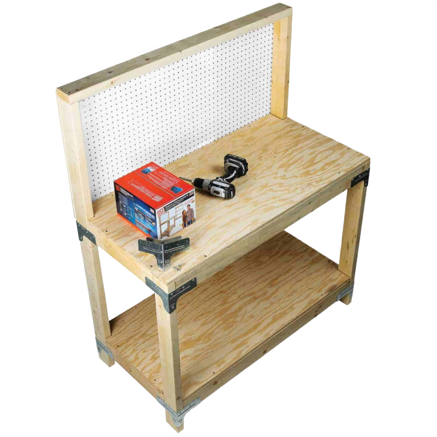 Wooden workbench with lower shelf and pegboard back panel, featuring tools for garage and workshop organization