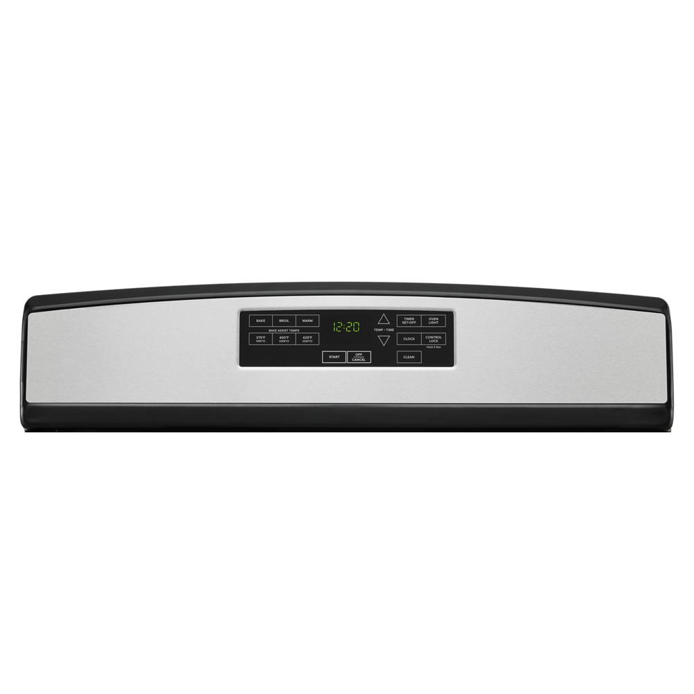 Digital control panel with clock and preset cooking options on stainless steel gas range from kitchen appliances collection