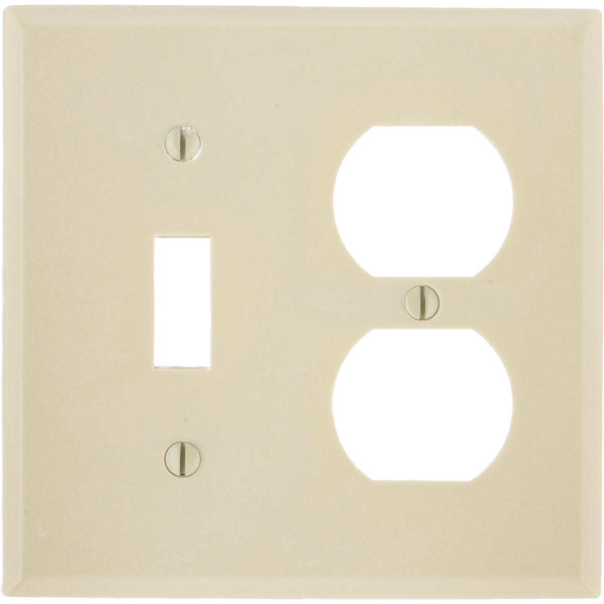 Ivory plastic 2-gang wall plate with single toggle and duplex outlet openings for electrical home improvement collections
