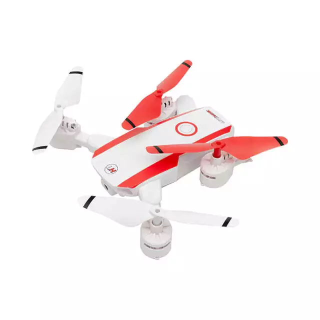 Compact white and red quadcopter drone with four propellers designed for remote controlled toys and vehicles collection
