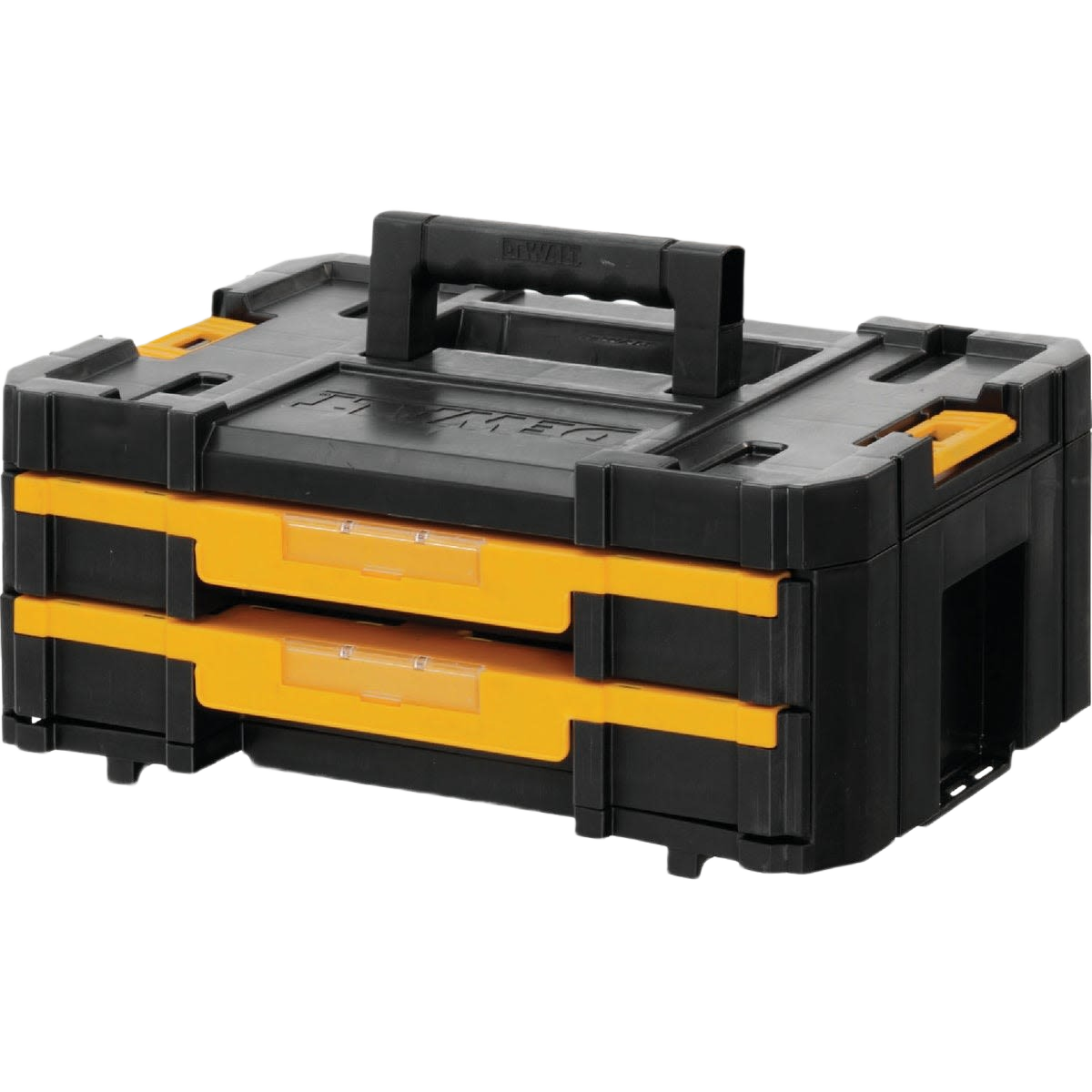 Stackable black and yellow storage box with dual shallow drawers and sturdy top handle for workshop organization