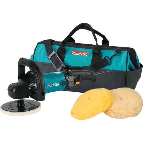 Compact variable speed polisher with ergonomic handle, polishing pads, and teal and black carrying bag for tools and home improvement