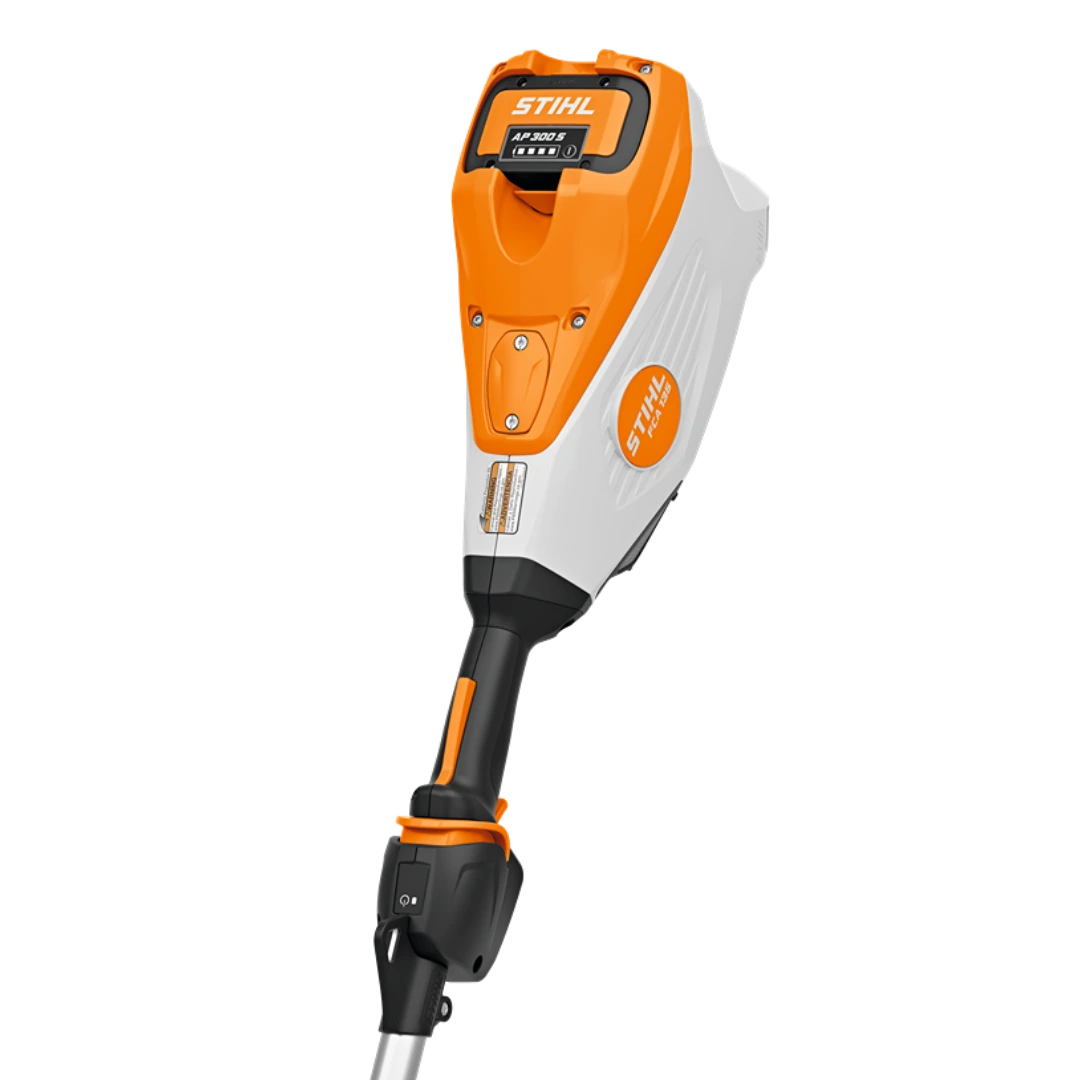 Close-up of orange and white battery-powered outdoor curved shaft edger for lawn and garden power tools collection