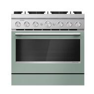 Front view of stainless steel 36-inch commercial-style dual fuel range with six burners in ranges collection