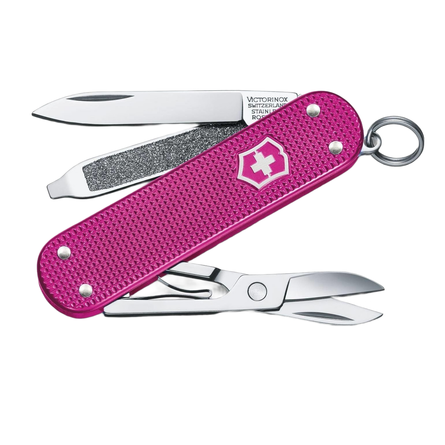 Compact pink Swiss Army multifunction pocket knife with blade, scissors, and nail file in cutting and hand tools collections