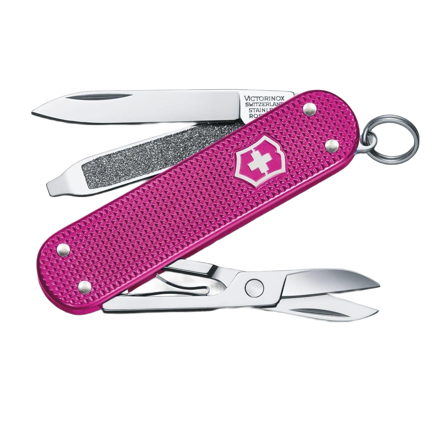 Compact pink Swiss Army multifunction pocket knife with blade, scissors, and nail file in cutting and hand tools collections