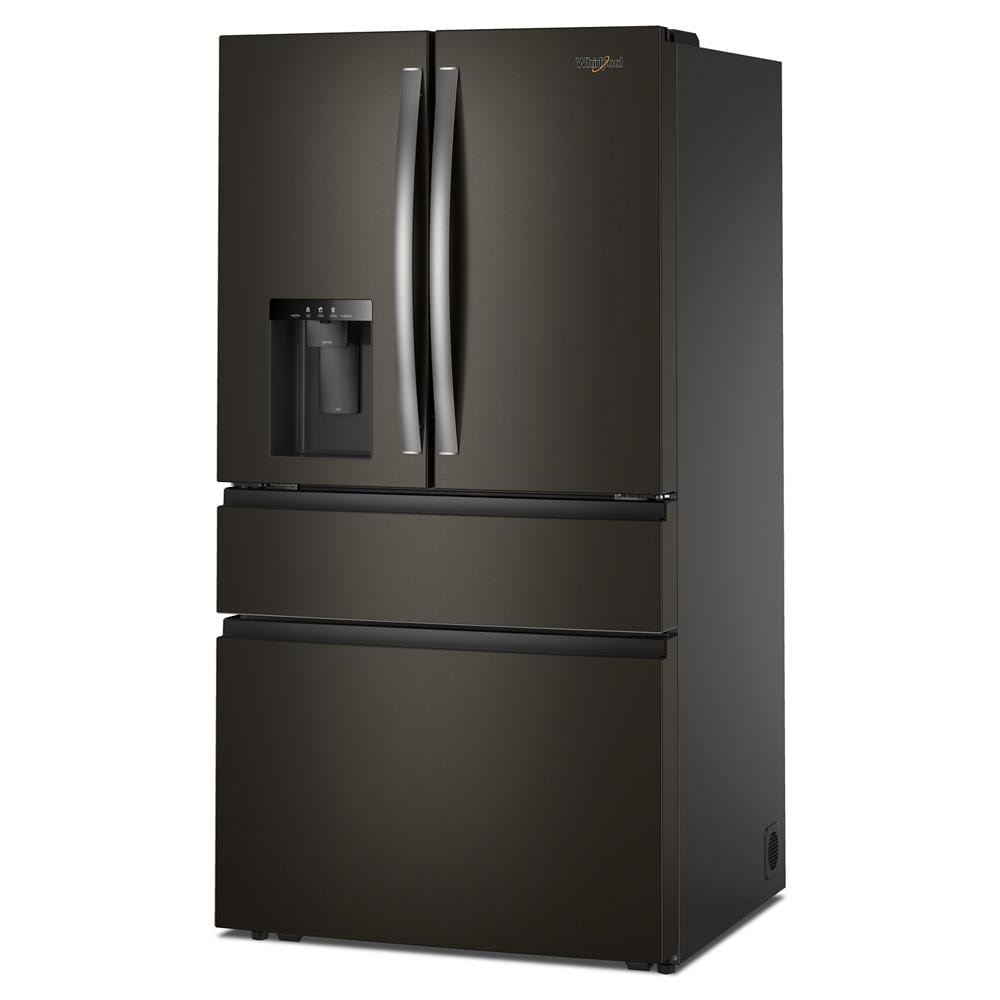 Whirlpool family-sized French door refrigerator in black stainless steel with water dispenser and flexible drawer from appliances collection