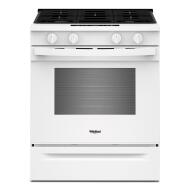 Front view of a white 30-inch gas range with four control knobs, large oven window, and black cast iron grates, featured in ranges, gas ranges, kitchen & kitchenware, appliances, and home improvement collections.