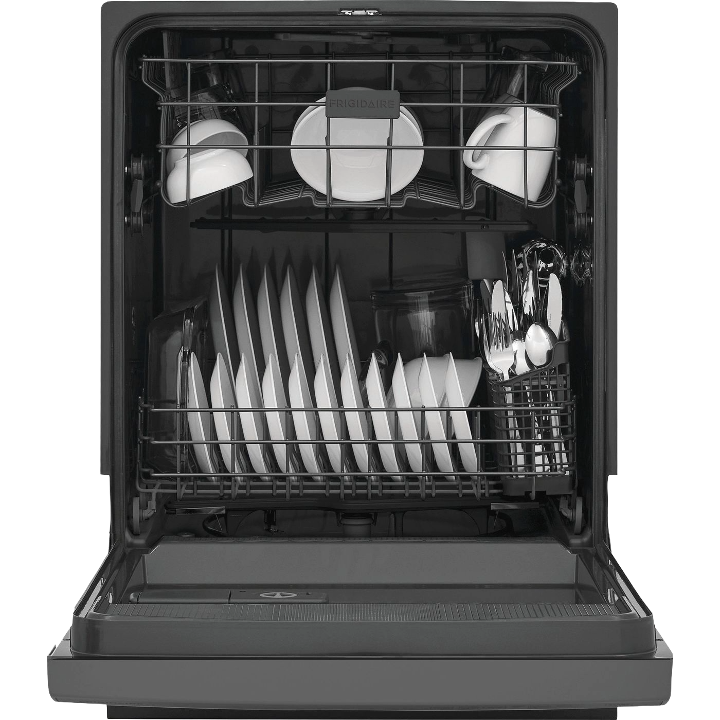 Open built-in dishwasher loaded with white dishes, cups, and silverware in kitchen appliance and home improvement setting
