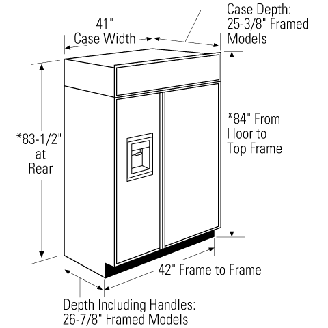 Line drawing with dimensions of a built-in 42-inch side-by-side refrigerator with dispenser from kitchen appliances collection