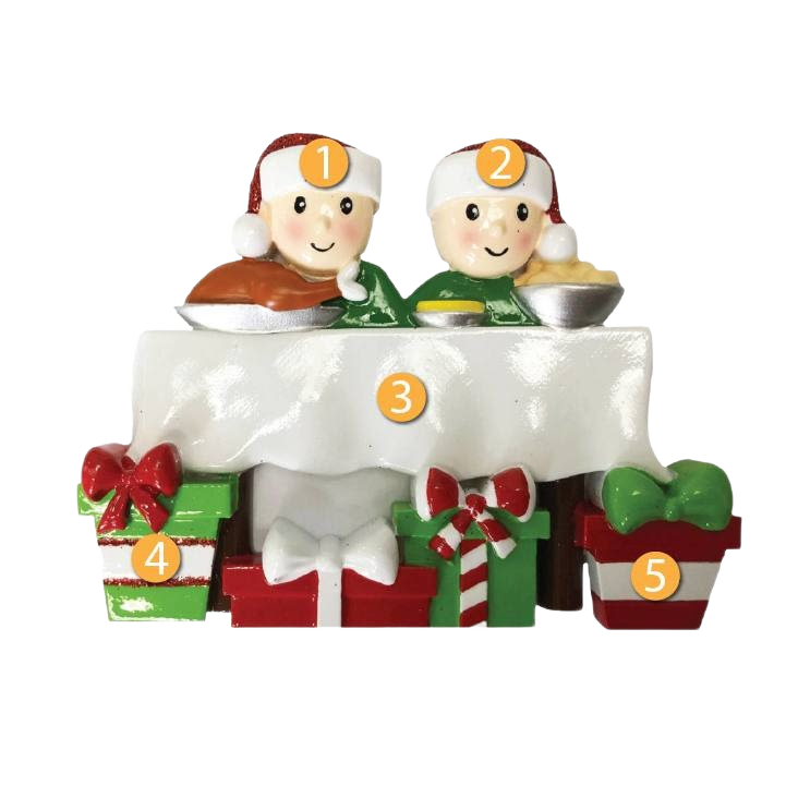 Festive family of two figurines at dinner table with wrapped gifts for Christmas Ornaments & Tree Decorations under $50 collection